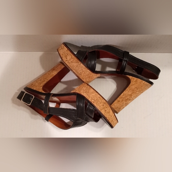 Lanvin Black Platform Sandals Strappy Slingback Leather w/Cork Heels Size 41/9.5 - Picture 7 of 10